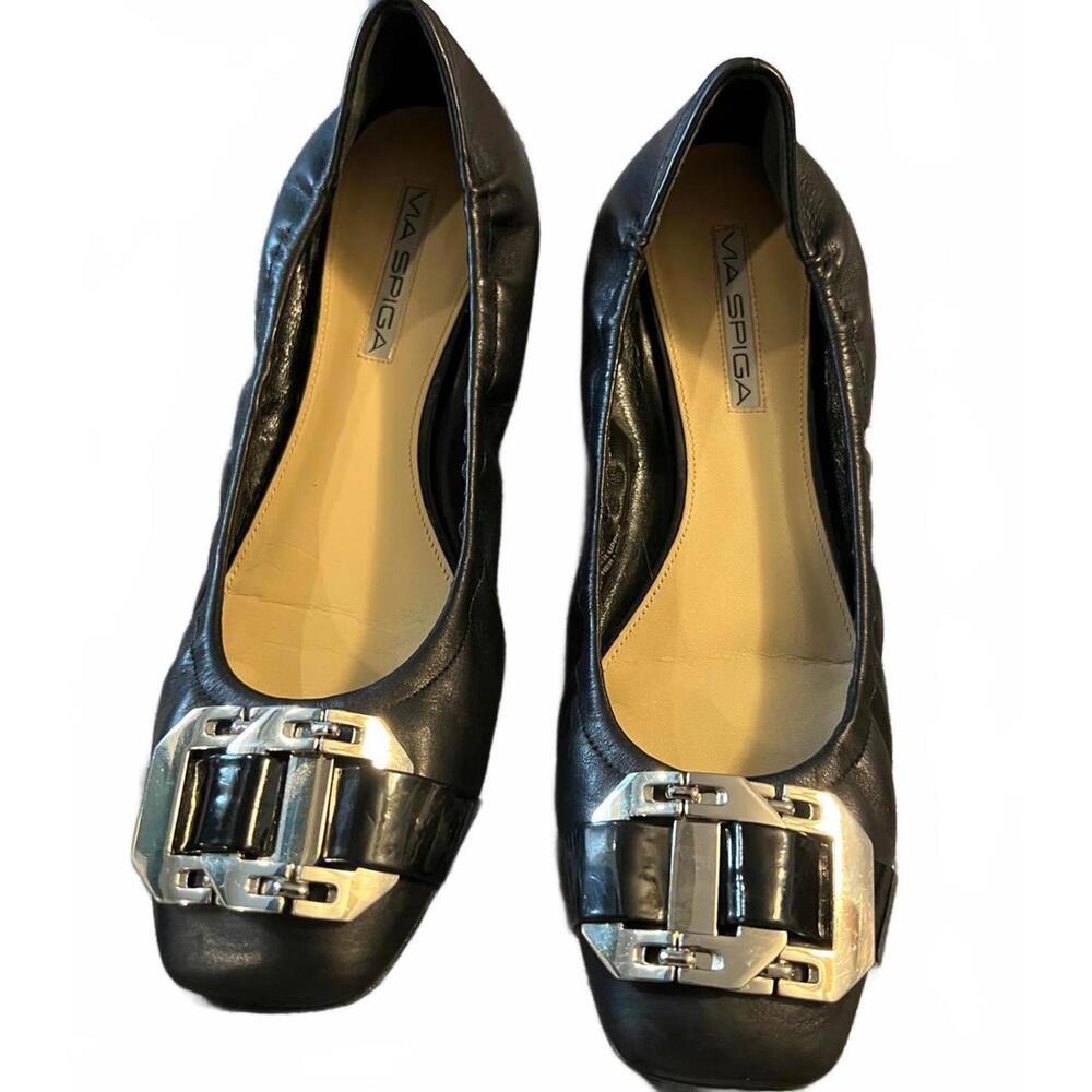 Ma Spiga Black Leather Buckle Ballet Flats | Quiet Luxury Minimalist Size 5.5